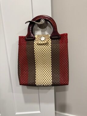 Woven Purse Bag with Red, Brown & Cream vintage  60’s 70’s Retro  basket weave
